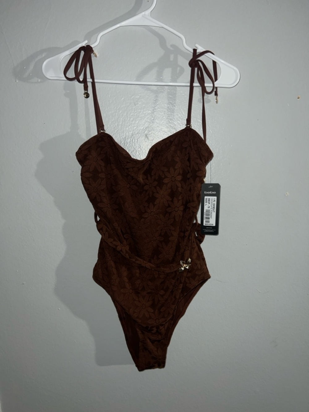 bebe Brown Floral Textured One-Piece Swimsuit with Gold Flower Accent